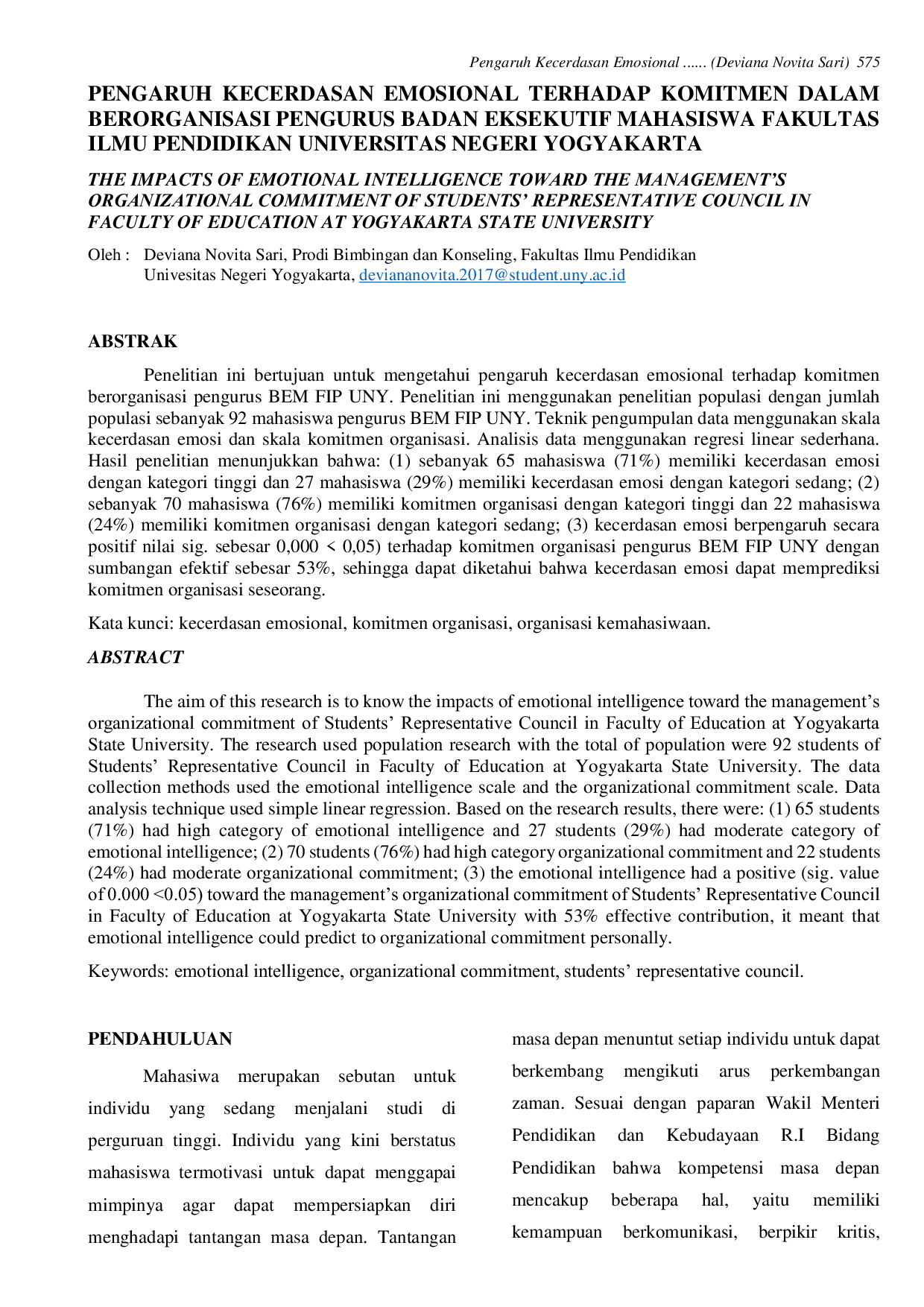 JURIS Pengaruh Kecerdasan Emosional Terhadap Komitmen Dalam Berorganisasi Pengurus Badan Eksekutif Mahasiswa Fakultas Ilmu Pendidikan Universitas Negeri Yogyakarta