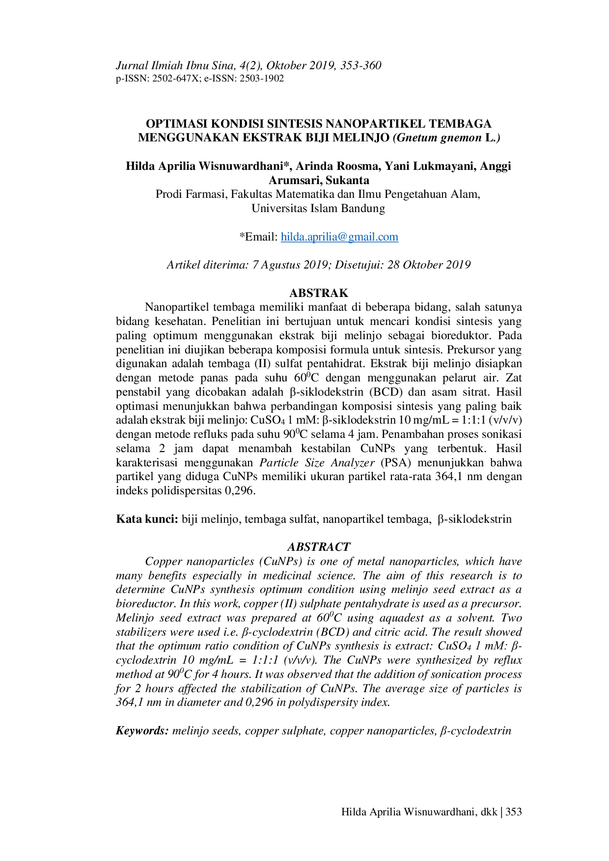 JURIS OPTIMASI KONDISI SINTESIS NANOPARTIKEL TEMBAGA MENGGUNAKAN EKSTRAK BIJI MELINJO Gnetum gnemon L