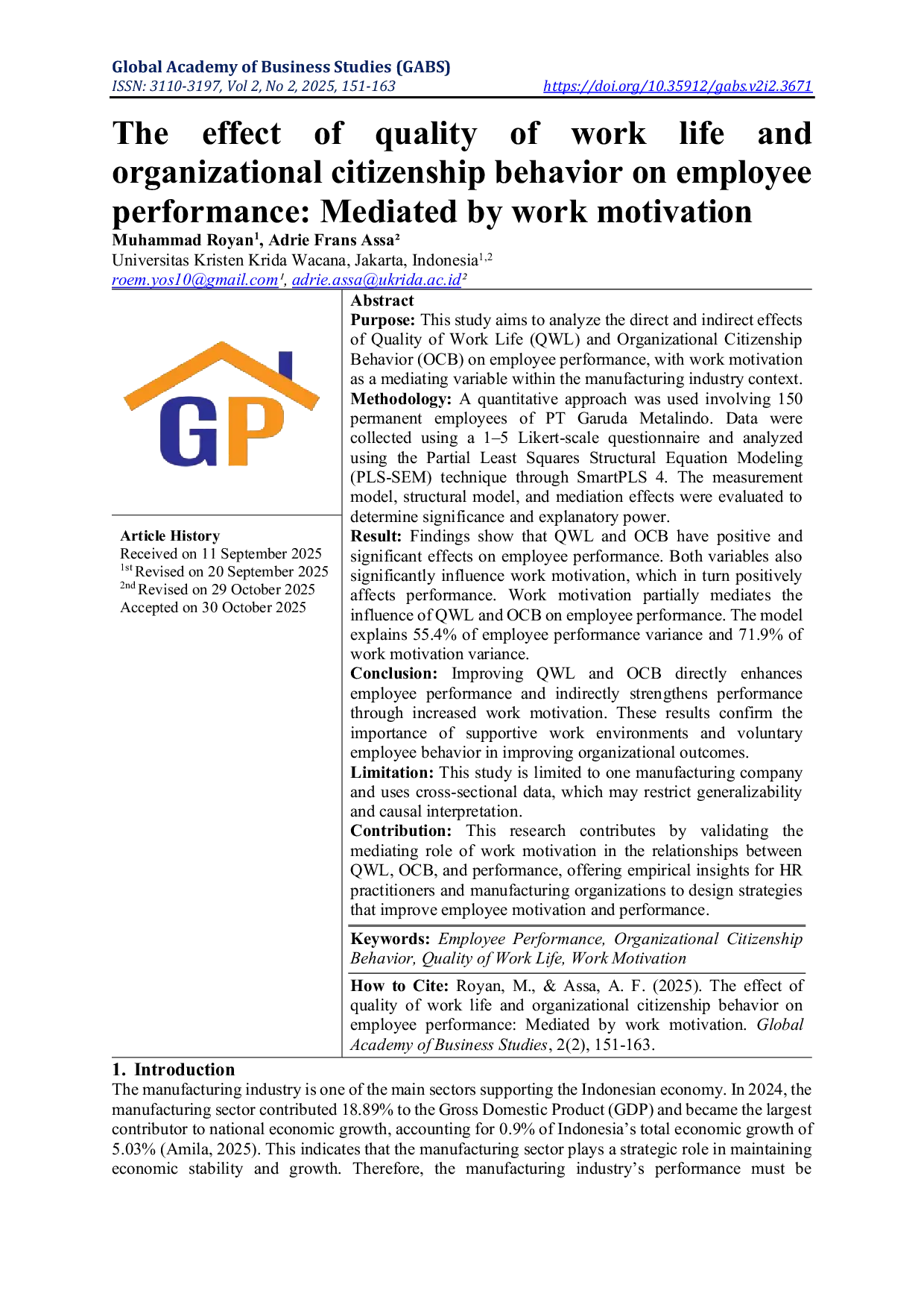 JURIS The effect of quality of work life and organizational citizenship behavior on employee performance Mediated by work motivation