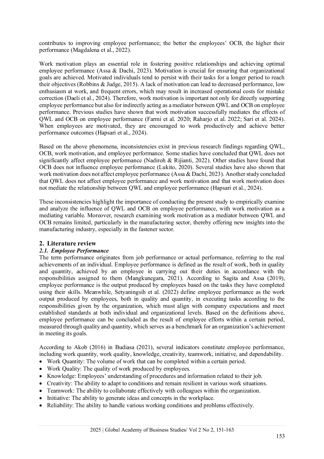 JURIS The effect of quality of work life and organizational citizenship behavior on employee performance Mediated by work motivation