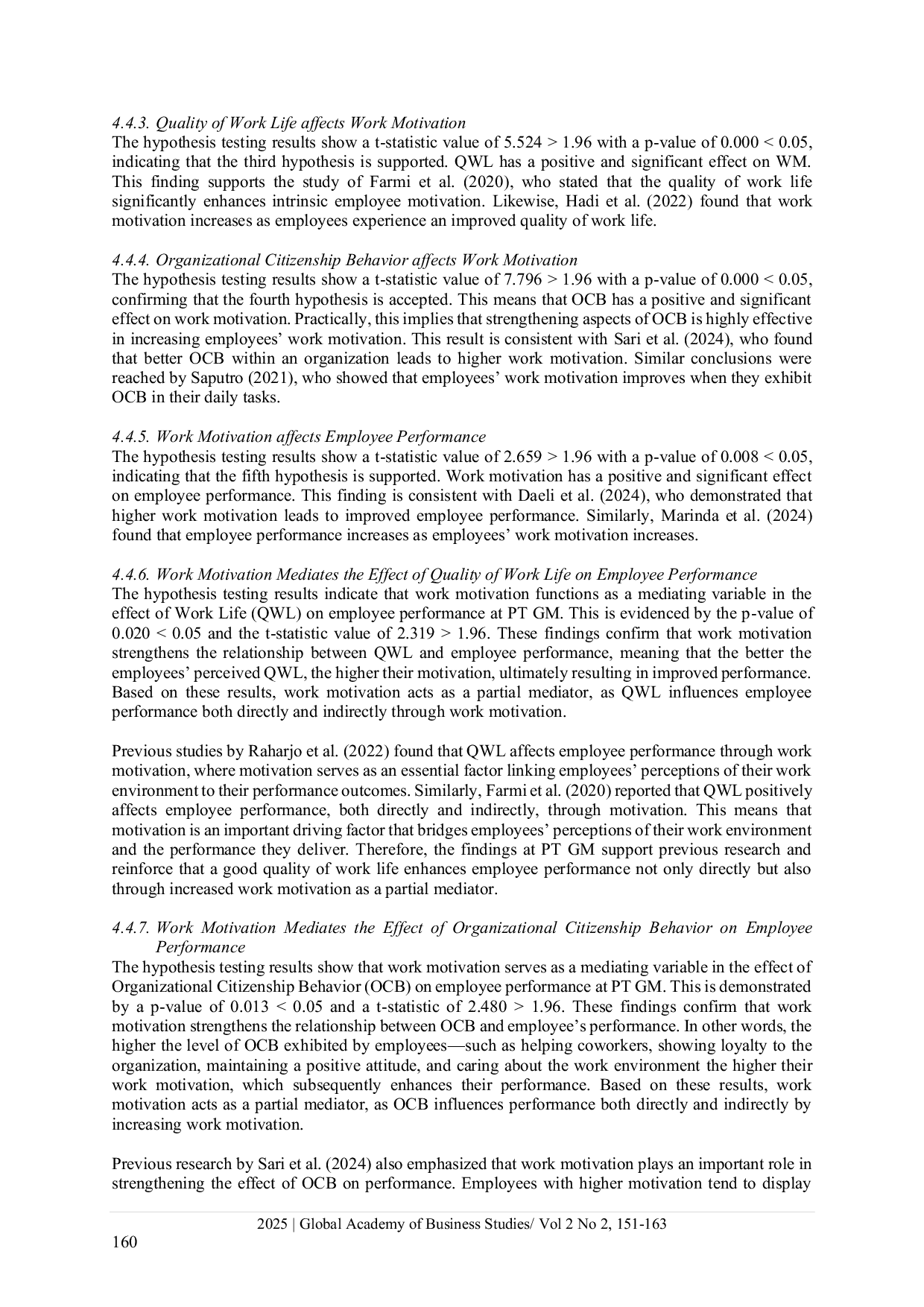 JURIS The effect of quality of work life and organizational citizenship behavior on employee performance Mediated by work motivation