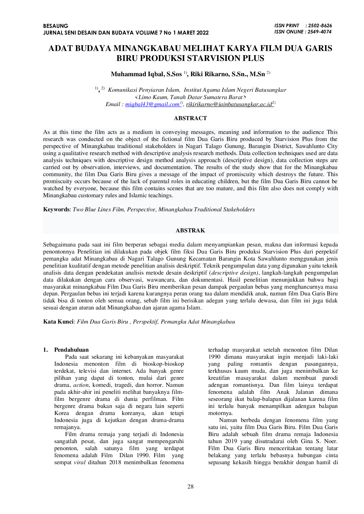 JURIS Adat Budaya Minangkabau Melihat Karya Film Dua Garis Biru Produksi Starvision Plus