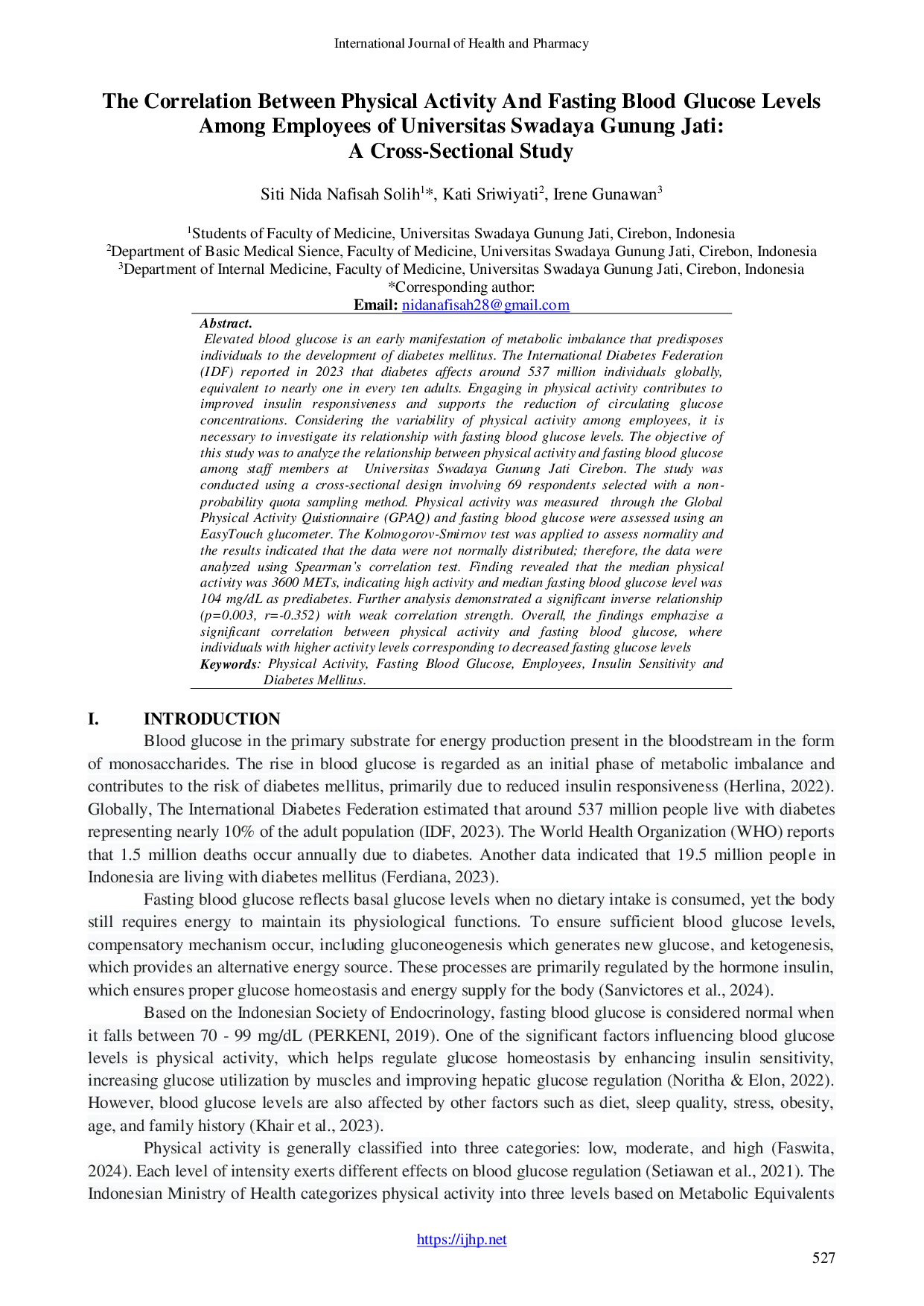 JURIS The Correlation Between Physical Activity And Fasting Blood Glucose Levels Among Employees of Universitas Swadaya Gunung Jati A Cross Sectional Study