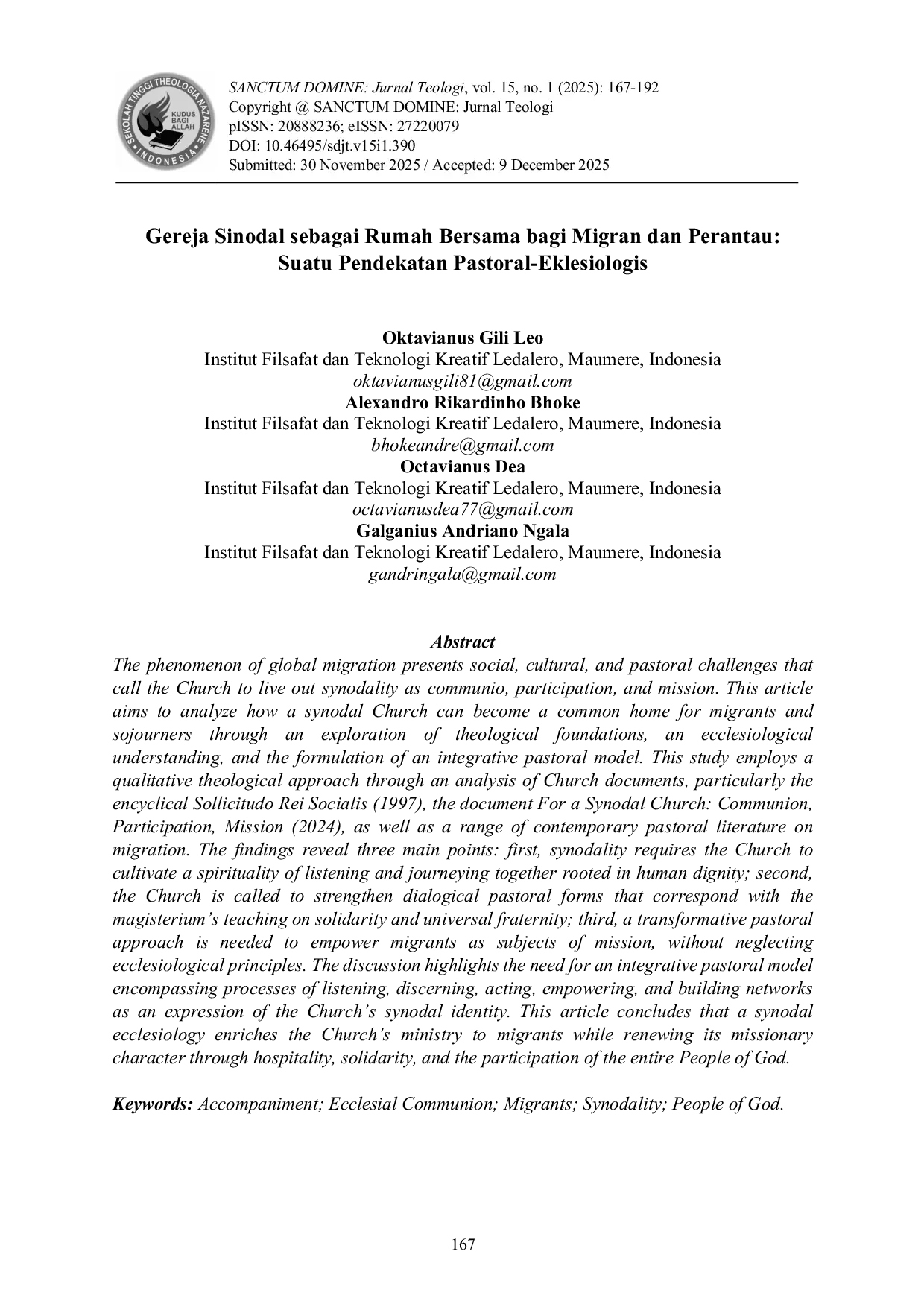 JURIS Gereja Sinodal sebagai Rumah Bersama bagi Migran dan Perantau Suatu Pendekatan Pastoral Eklesiologis