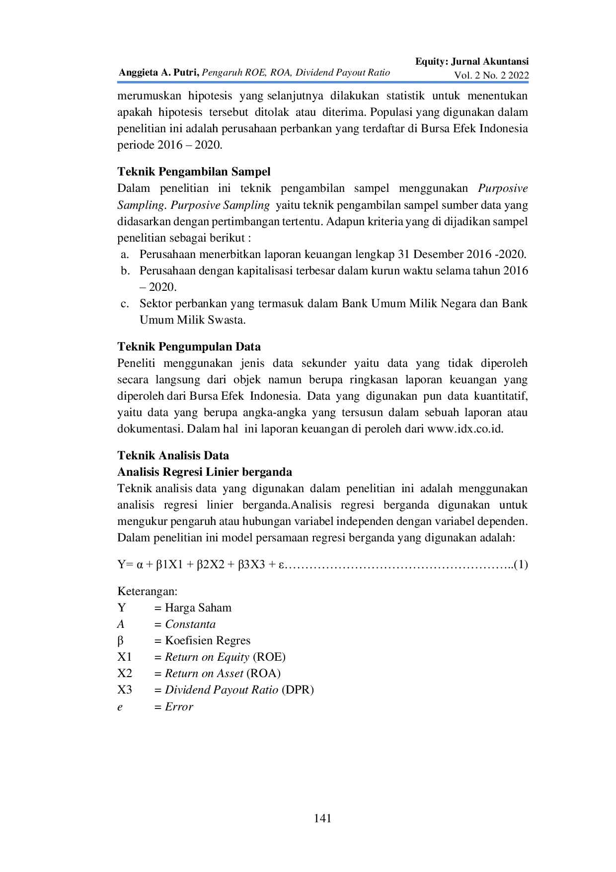 JURIS Pengaruh ROE ROA Dividend Payout Ratio terhadap Harga Saham pada Perusahaan Perbankan yang Terdaftar di Bursa Efek Indonesia