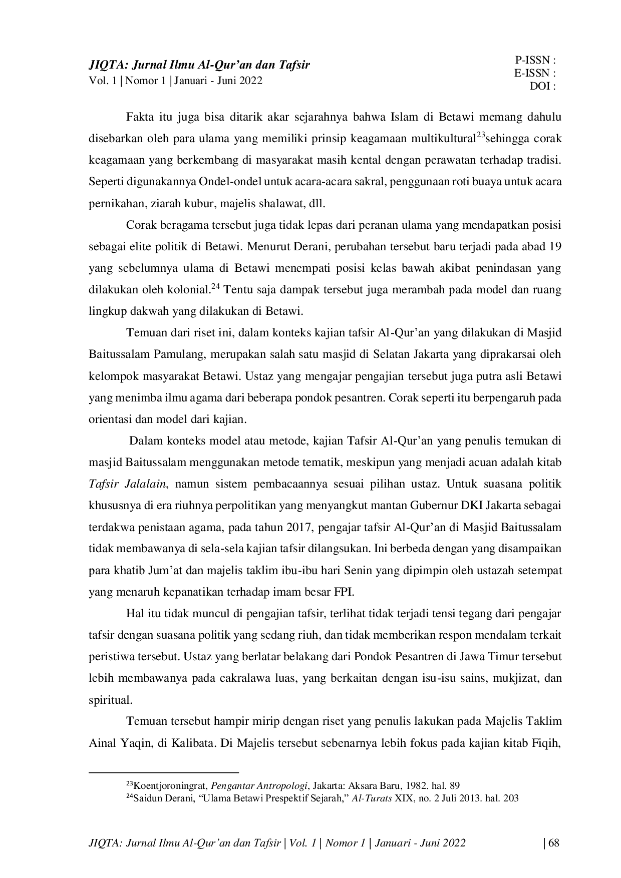 JURIS Tren Kajian Tafsir Al Qur an Di Betawi Dalam Merespon Peristiwa Politik Di Indonesia