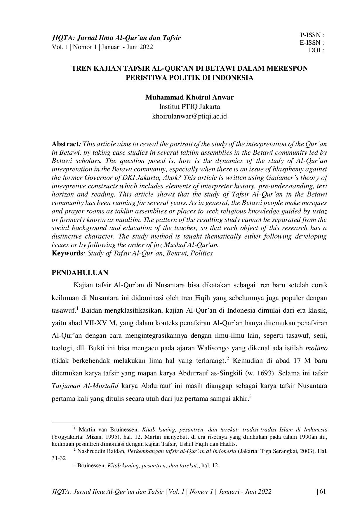 JURIS Tren Kajian Tafsir Al Qur an Di Betawi Dalam Merespon Peristiwa Politik Di Indonesia