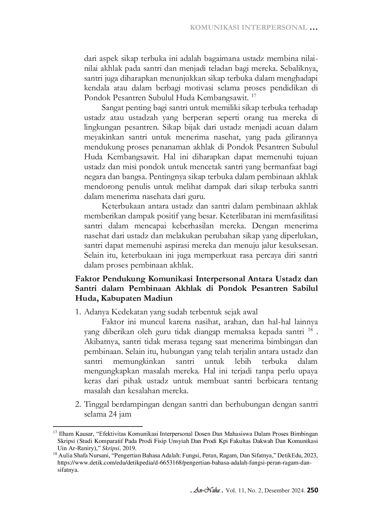 JURIS Komunikasi Interpersonal Ustadz Dengan Santri Dalam Pembinaan Akhlak Pondok Pesantren Subulul Huda Kabupaten Madiun