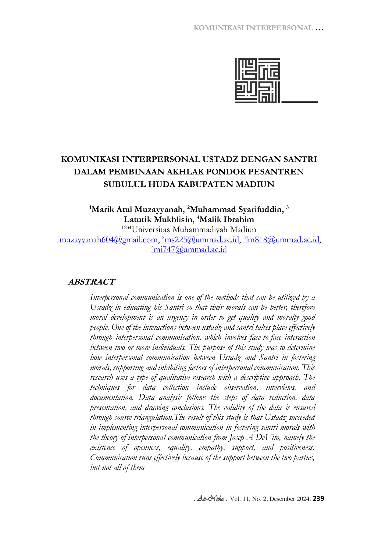 JURIS Komunikasi Interpersonal Ustadz Dengan Santri Dalam Pembinaan Akhlak Pondok Pesantren Subulul Huda Kabupaten Madiun