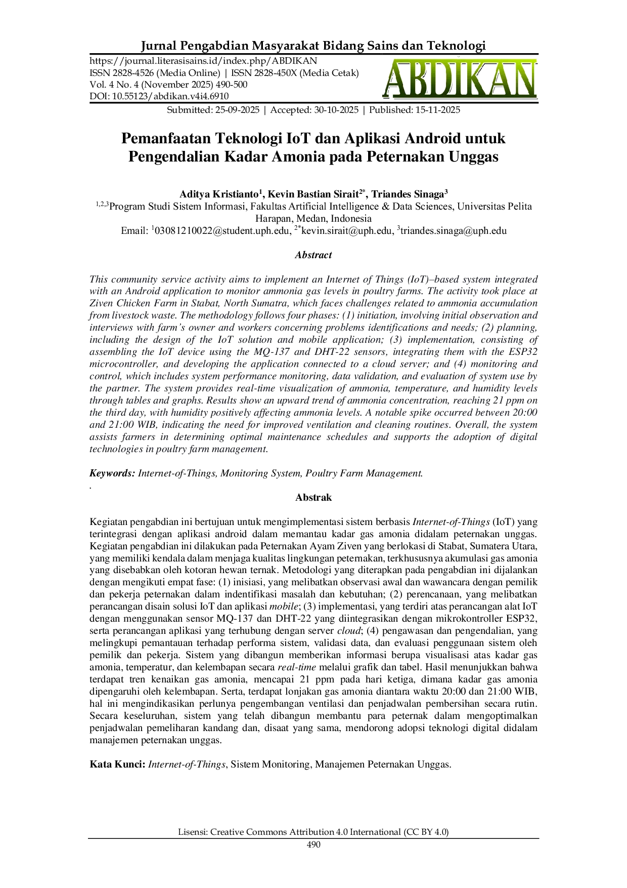 JURIS Pemanfaatan Teknologi IoT dan Aplikasi Android untuk Pengendalian Kadar Amonia pada Peternakan Unggas