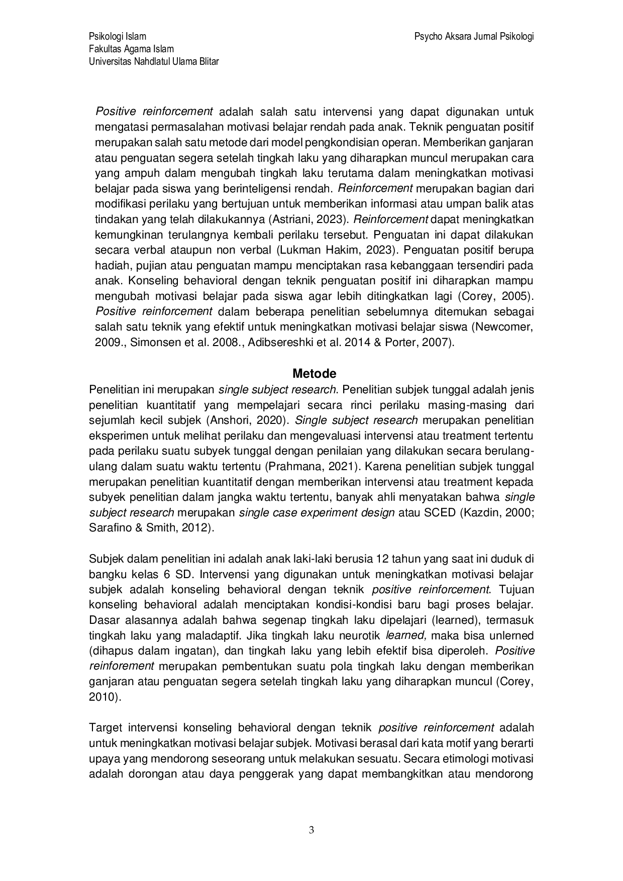 JURIS Konseling Behavioral dengan Teknik Positive Reinforcement untuk Meningkatkan Motivasi Belajar Anak