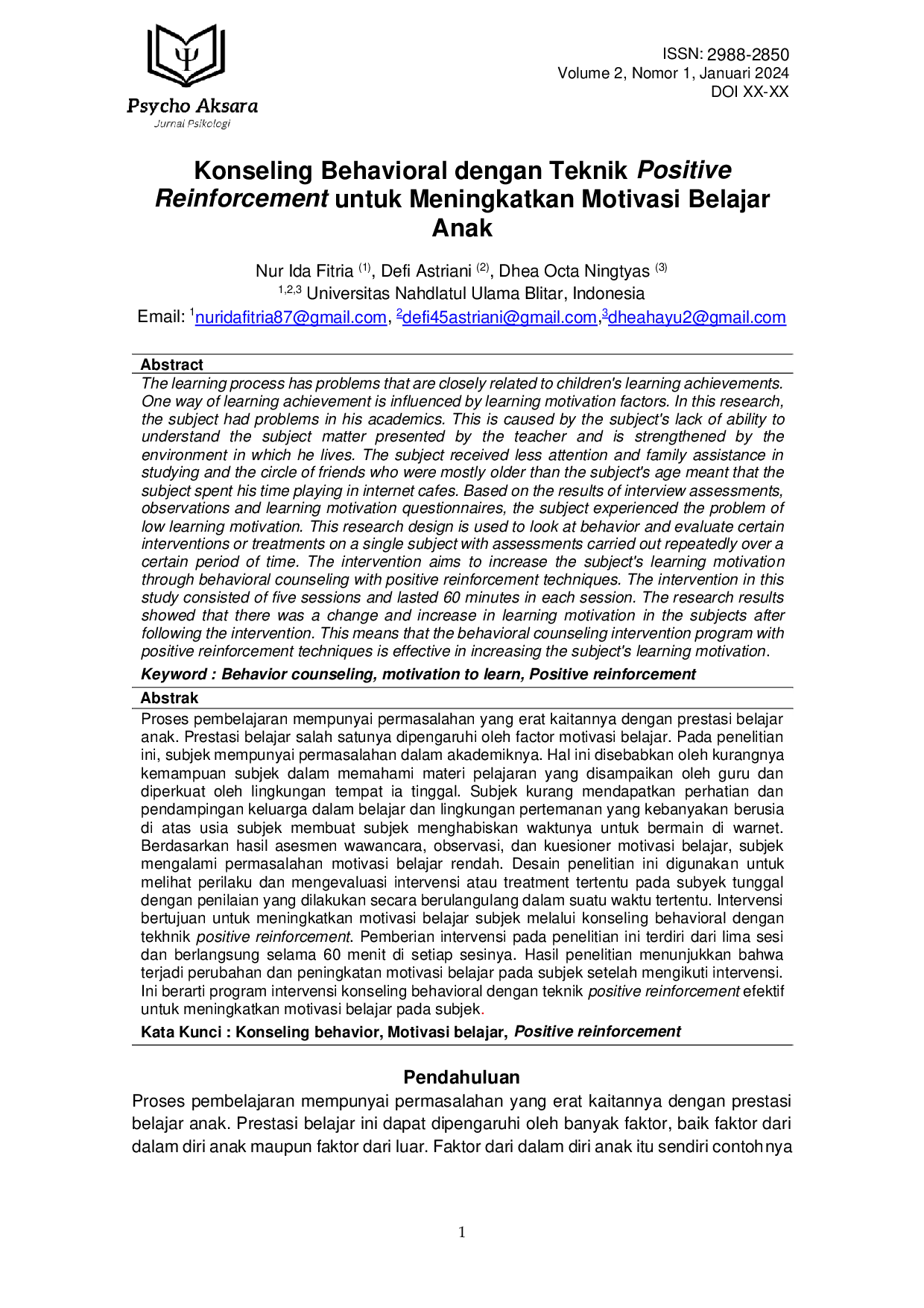 JURIS Konseling Behavioral dengan Teknik Positive Reinforcement untuk Meningkatkan Motivasi Belajar Anak