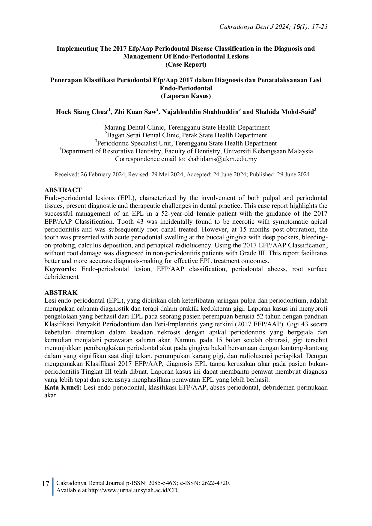 JURIS Implementing the 2017 EFP AAP Periodontal Disease Classification in The Diagnosis and Management of Endo Periodontal Lesions A Case Report