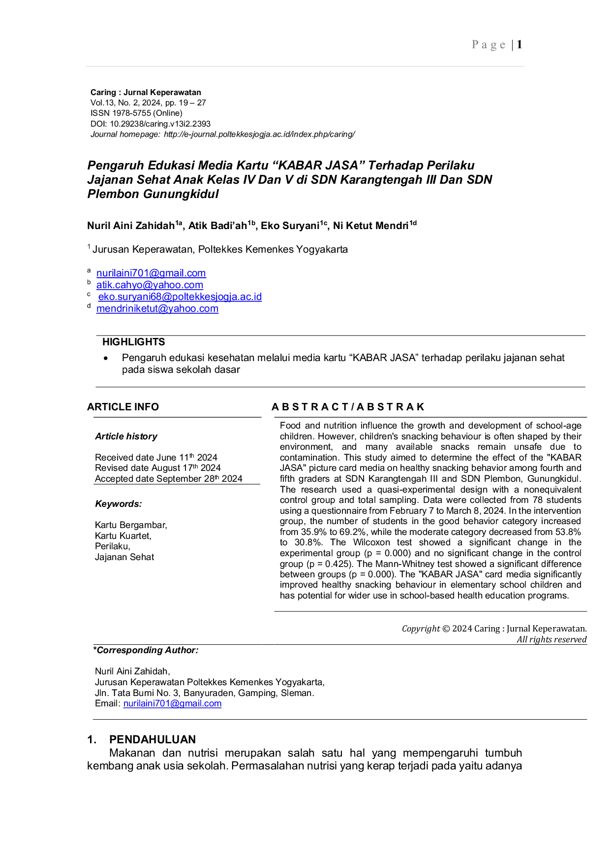 JURIS Pengaruh Edukasi Media Kartu KABAR JASA Terhadap Perilaku Jajanan Sehat Anak Kelas IV Dan V di SDN Karangtengah III Dan SDN Plembon Gunungkidul