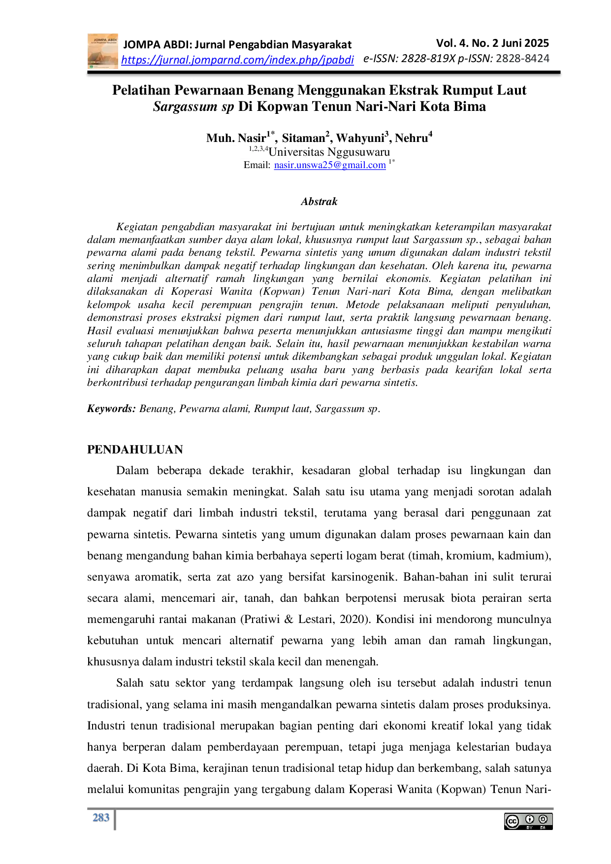JURIS Pelatihan Pewarnaan Benang Menggunakan Ekstrak Rumput Laut Sargassum sp Di Kopwan Tenun Nari Nari Kota Bima
