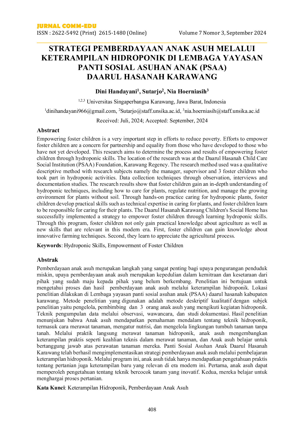 JURIS Strategi Pemberdayaan Anak Asuh Melalui Keterampilan Hidroponik Di Lembaga Yayasan Panti Sosial Asuhan Anak Daarul Hasanah Karawang
