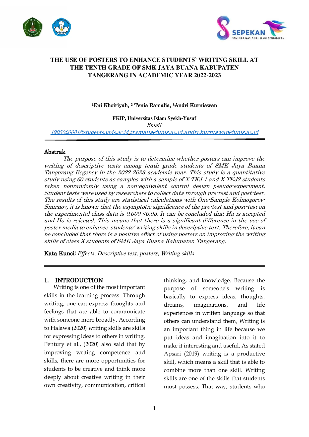 JURIS The Use of Posters to Enhance Students Writing Skill at the Tenth Grade of Smk Jaya Buana Kabupaten Tangerang in Academic Year 2022 2023