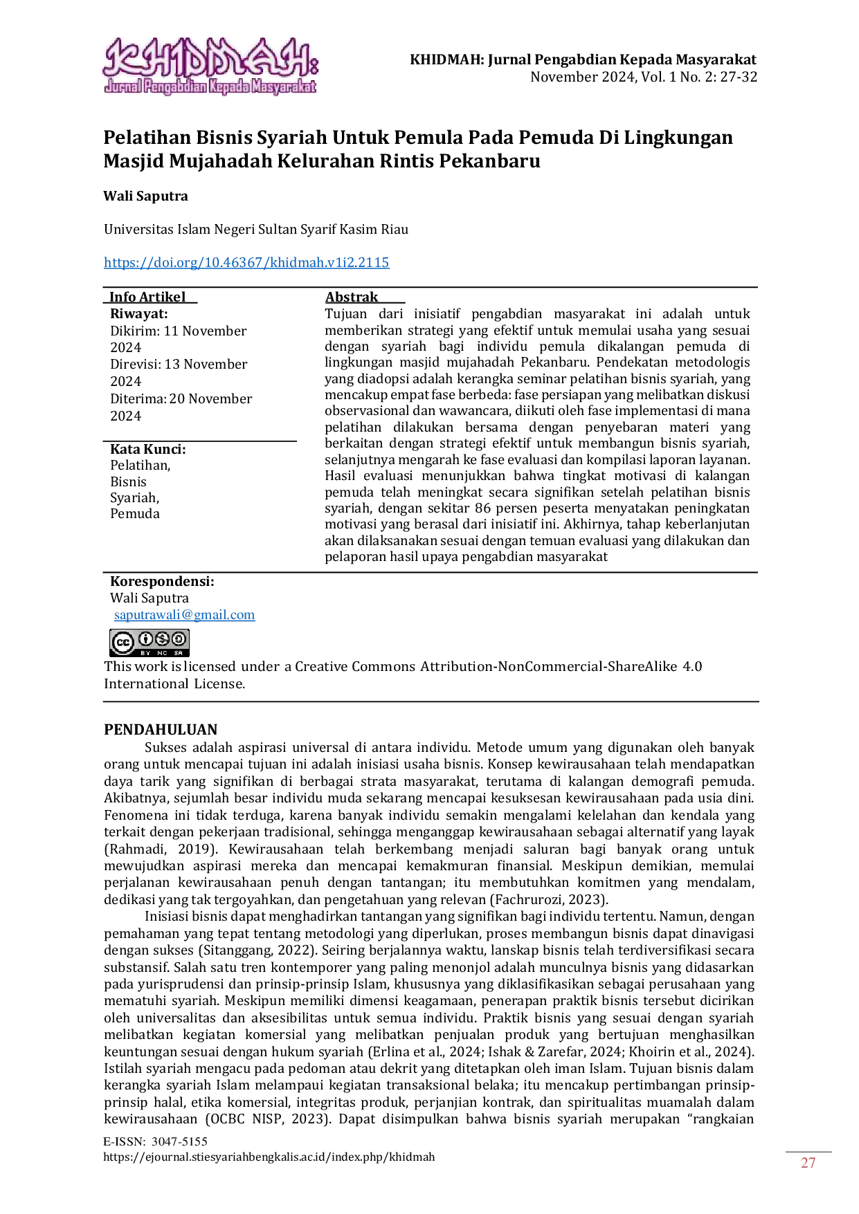 JURIS Pelatihan Bisnis Syariah Untuk Pemula Pada Pemuda Di Lingkungan Masjid Mujahadah Kelurahan Rintis Pekanbaru