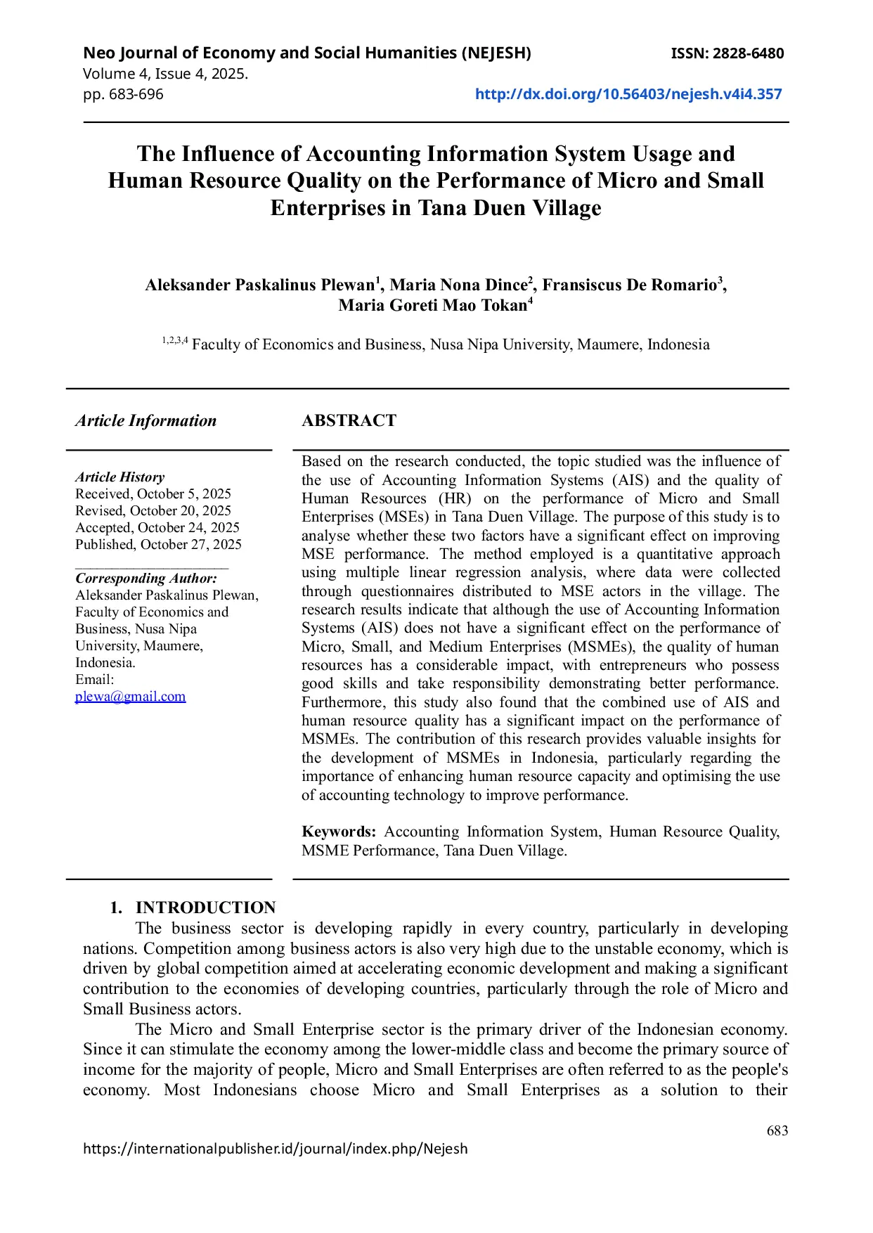JURIS The Influence Of Accounting Information System Usage And Human Resource Quality On The Performance Of Micro And Small Enterprises In Tana Duen Village