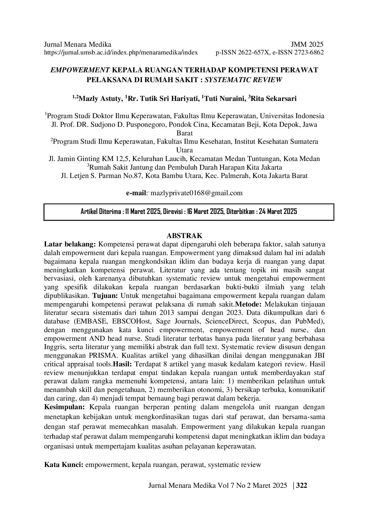 JURIS Empowerment Kepala Ruangan Terhadap Kompetensi Perawat Pelaksana Di Rumah Sakit Systematic Review