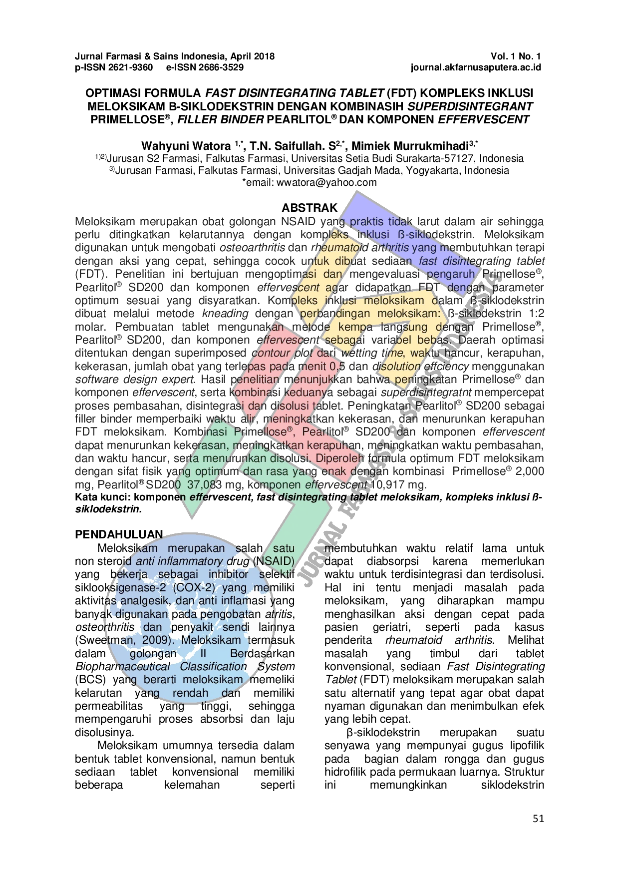 JURIS Optimasi Formula Fast Disintegrating Tablet FDT Kompleks Inklusi Meloksikam Siklodextrin dengan Kombinasi Superdisintegrant Primellose Filler Binder Pearlitol dan Komponen Effervescent