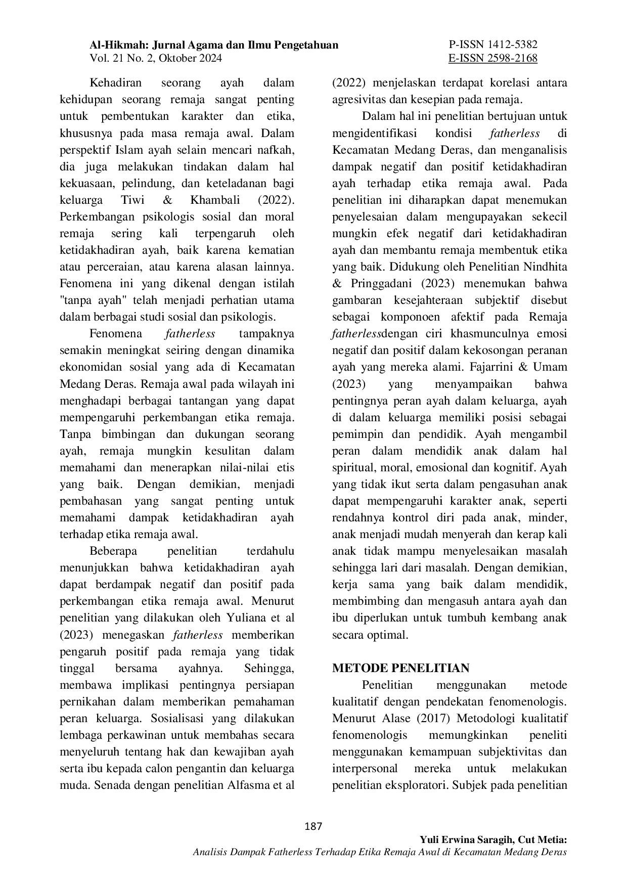 JURIS Analisis Dampak Fatherless Terhadap Etika Remaja Awal di Kecamatan Medang Deras