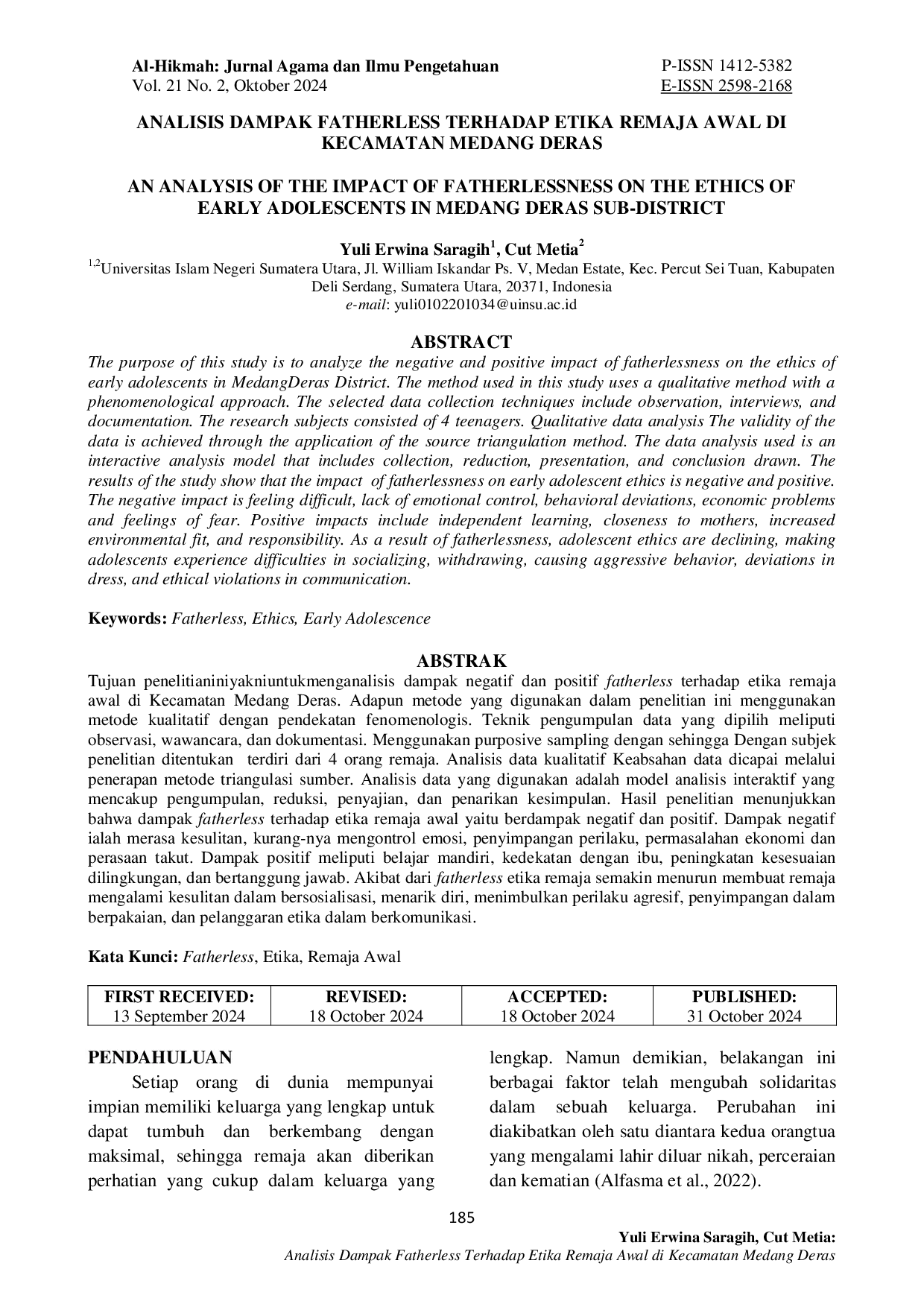 JURIS Analisis Dampak Fatherless Terhadap Etika Remaja Awal di Kecamatan Medang Deras