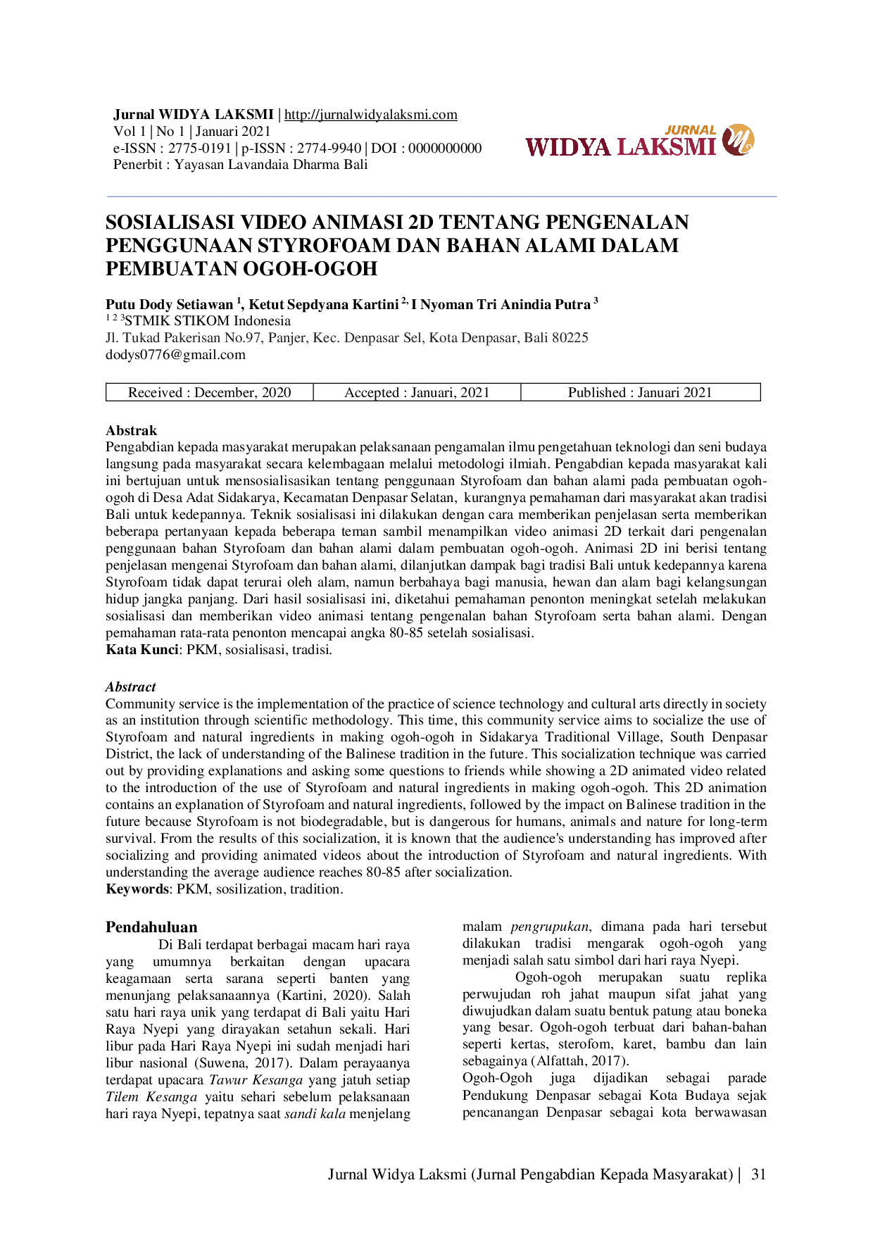 JURIS Sosialisasi Video Animasi 2D tentang Pengenalan Penggunaan Styrofoam dan Bahan Alami dalam Pembuatan Ogoh Ogoh