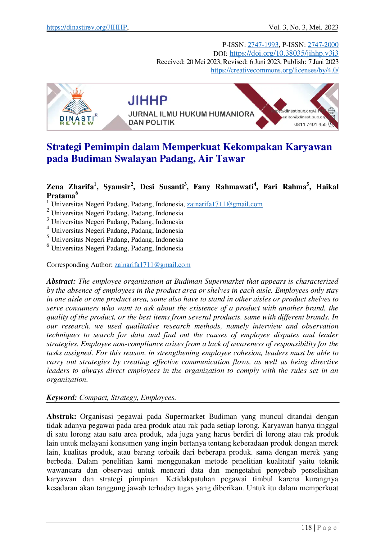 juris Strategi Pemimpin dalam Memperkuat Kekompakan Karyawan pada Budiman Swalayan Padang Air Tawar