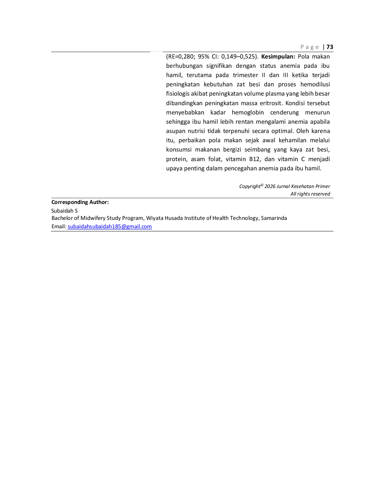 JURIS Dietary Patterns and Anemia Status Among Third Trimester Pregnant Women in the working area of Sandaran Public Health Center in 2025