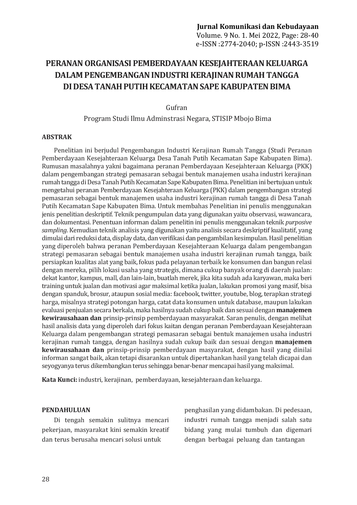 JURIS Peranan Organisasi Pemberdayaan Kesejahteraan Keluarga Dalam Pengembangan Industri Kerajinan Rumah Tangga Di Desa Tanah Putih Kecamatan Sape Kabupaten Bima