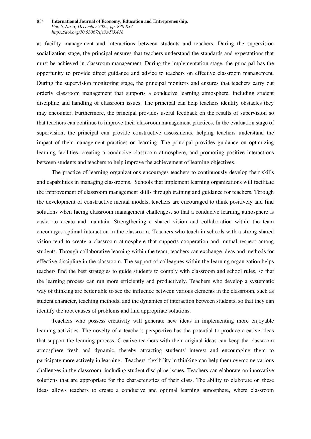 JURIS Strengthening School Principal Supervision Learning Organization and Creativity in Improving Classroom Management Effectiveness