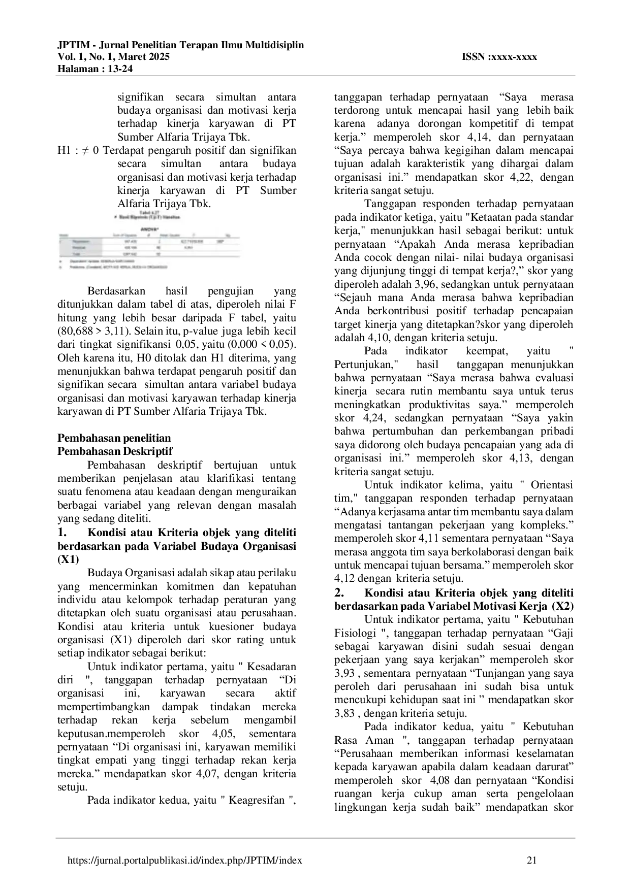 JURIS PENGARUH BUDAYA ORGANISASI DAN MOTIVASI KERJA TERHADAP KINERJA KARYAWAN PT SUMBER ALFARIA TRIJAYA TBK AREA COVERAGE LEBAK BULUS