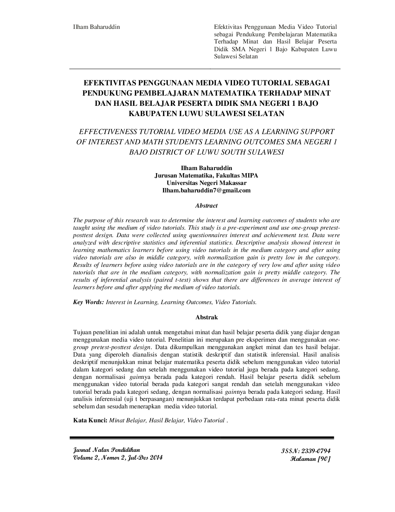 JURIS Efektivitas Penggunaan Media Video Tutorial Sebagai Pendukung Pembelajaran Matematika Terhadap Minat Dan Hasil Belajar Peserta Didik Sma Negeri 1 Bajo Kabupaten Luwu Sulawesi Selatan