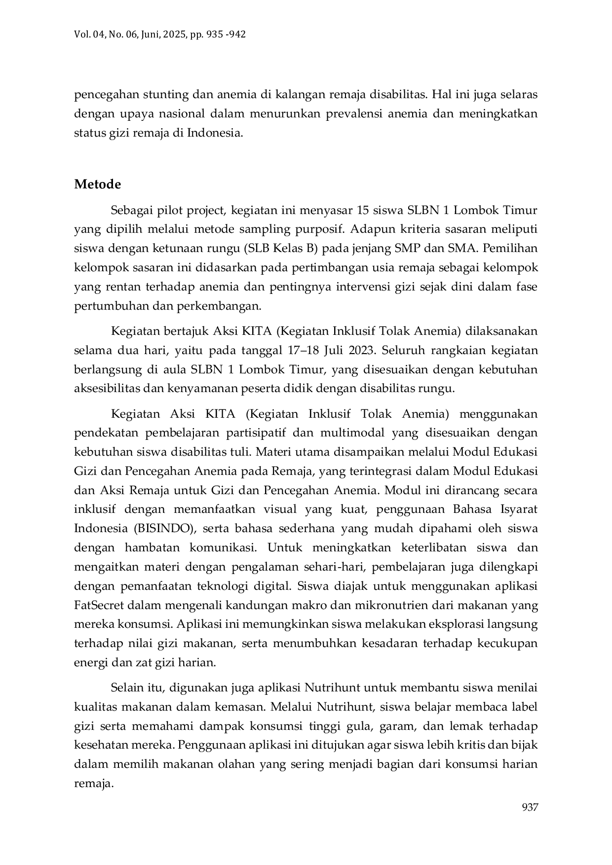 JURIS GLADI Program Inclusive Nutrition Education and Anemia Prevention for Deaf Adolescents at SLBN 1 East Lombok