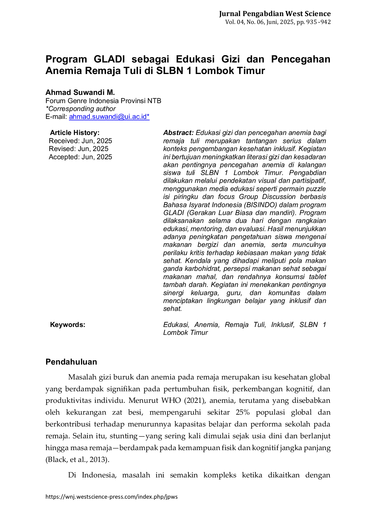JURIS GLADI Program Inclusive Nutrition Education and Anemia Prevention for Deaf Adolescents at SLBN 1 East Lombok