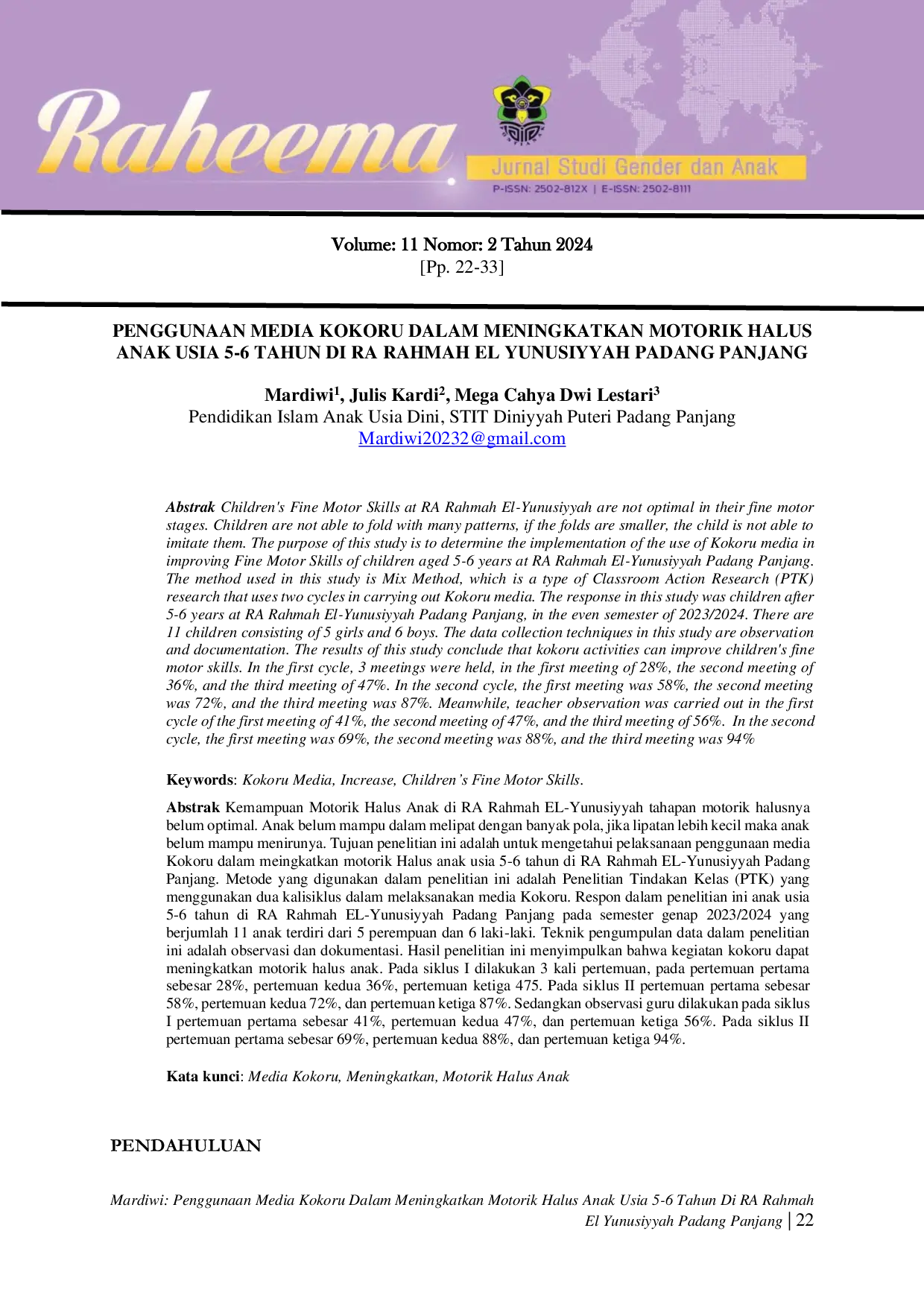 JURIS Penggunaan Media Kokoru Dalam Meningkatkan Motorik Halus Anak Usia 5 6 Tahun Di Ra Rahmah El Yunusiyyah Padang Panjang
