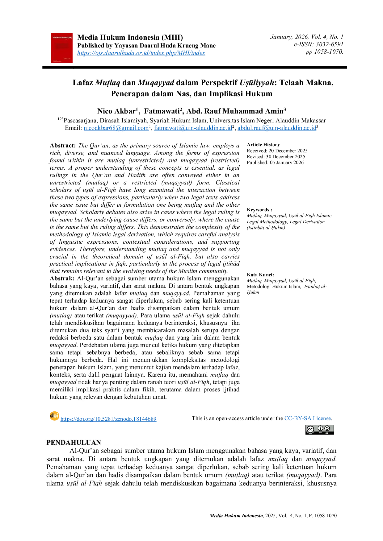 JURIS Lafaz Mulaq dan Muqayyad dalam Perspektif Uliyyah Telaah Makna Penerapan dalam Nas dan Implikasi Hukum