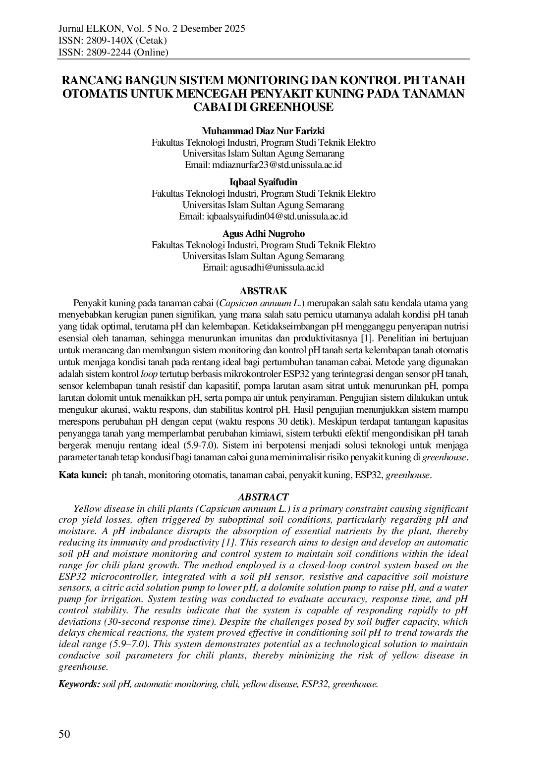JURIS Rancang Bangun Sistem Monitoring dan Kontrol pH Tanah Otomatis untuk Mencegah Penyakit Kuning pada Tanaman Cabai di Greenhouse