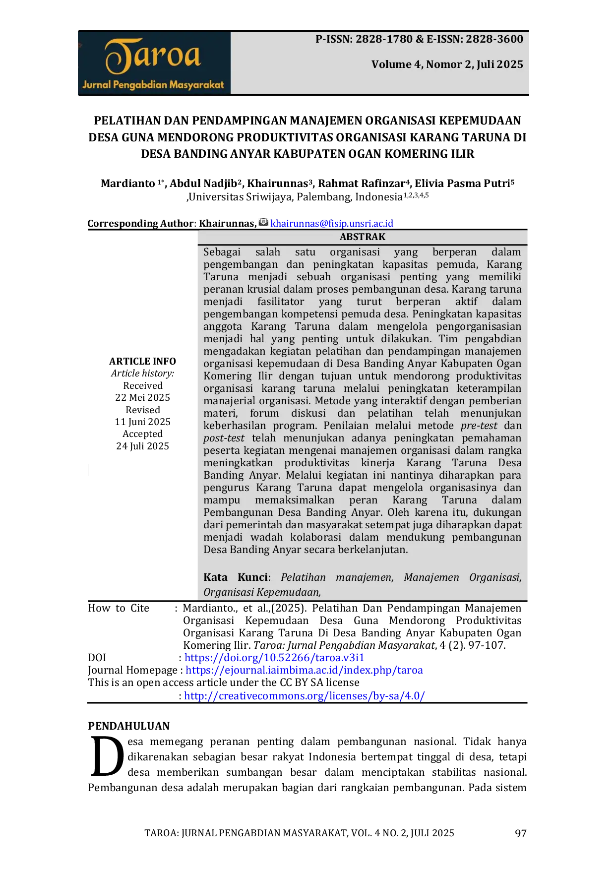 JURIS Pelatihan Dan Pendampingan Manajemen Organisasi Kepemudaan Desa Guna Mendorong Produktivitas Organisasi Karang Taruna Di Desa Banding Anyar Kabupaten Ogan Komering Ilir
