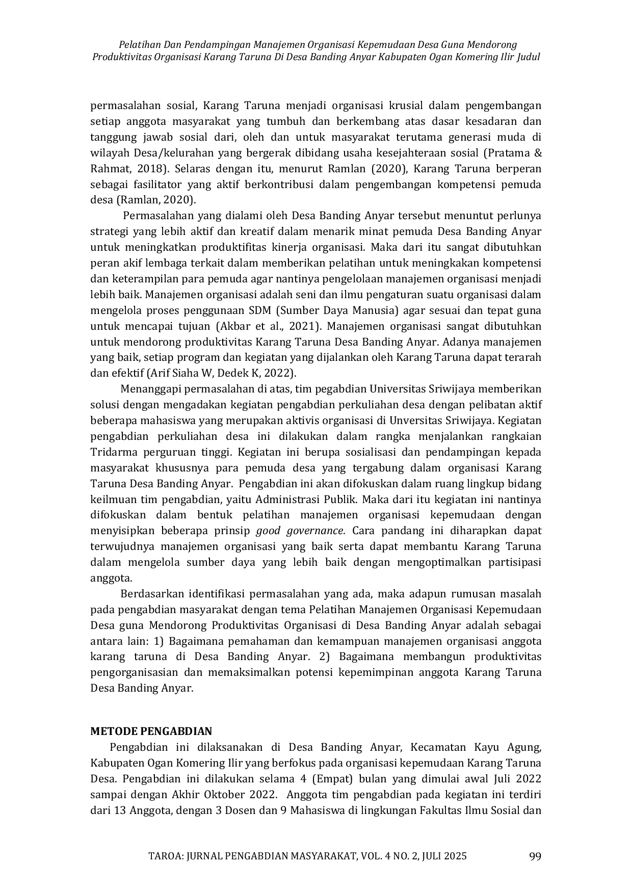 JURIS Pelatihan Dan Pendampingan Manajemen Organisasi Kepemudaan Desa Guna Mendorong Produktivitas Organisasi Karang Taruna Di Desa Banding Anyar Kabupaten Ogan Komering Ilir