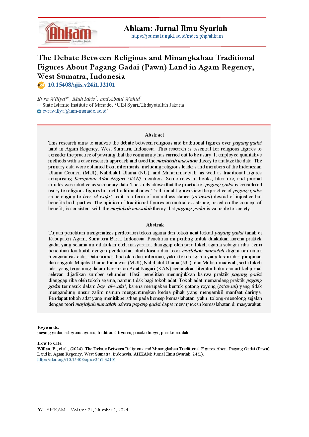 juris The Debate Between Religious and Minangkabau Traditional Figures About Pagang Gadai Pawn Land in Agam Regency West Sumatra Indonesia