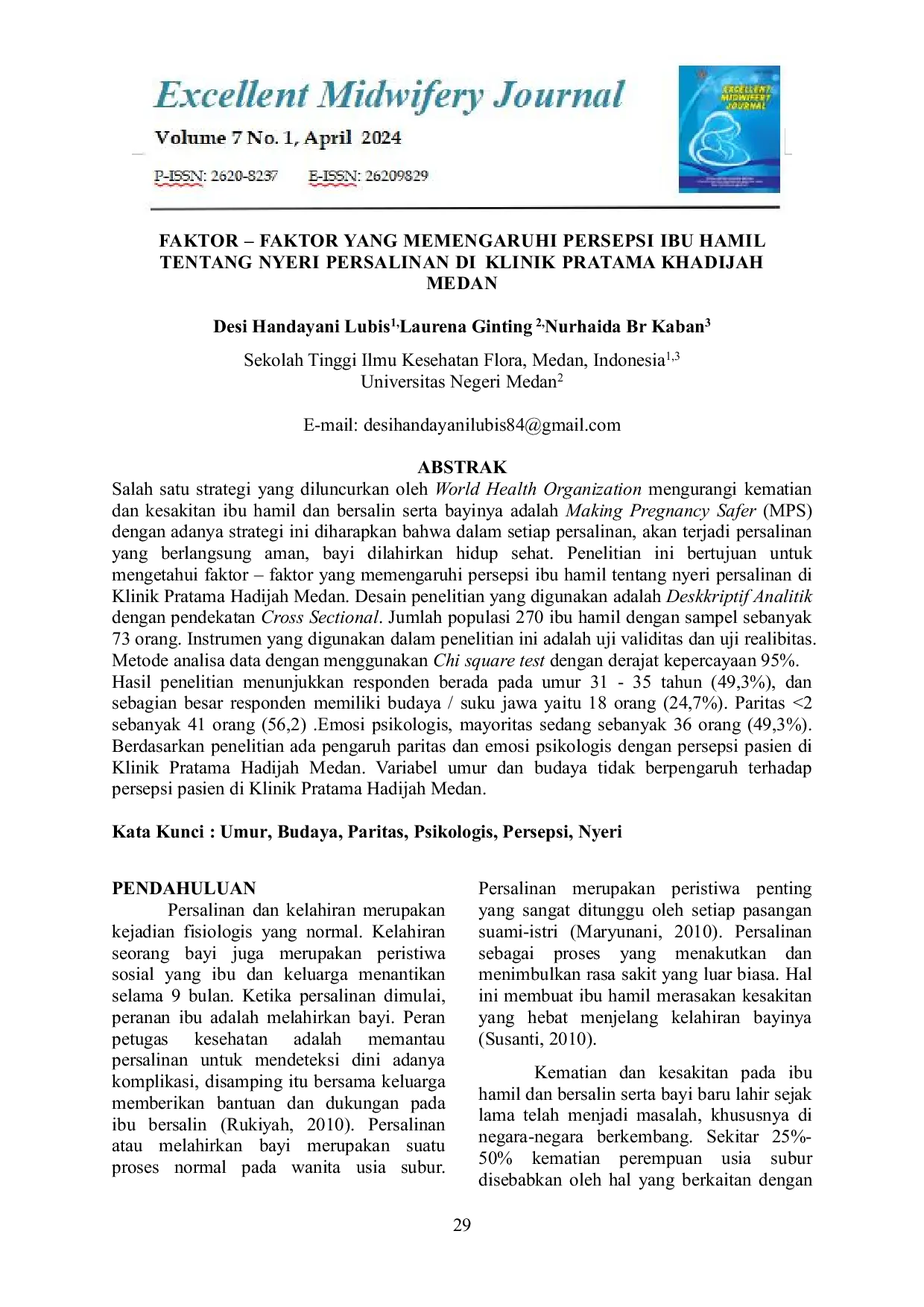 JURIS Faktor Faktor Yang Memengaruhi Persepsi Ibu Hamil Tentang Nyeri Persalinan Di Klinik Pratama Khadijah Medan