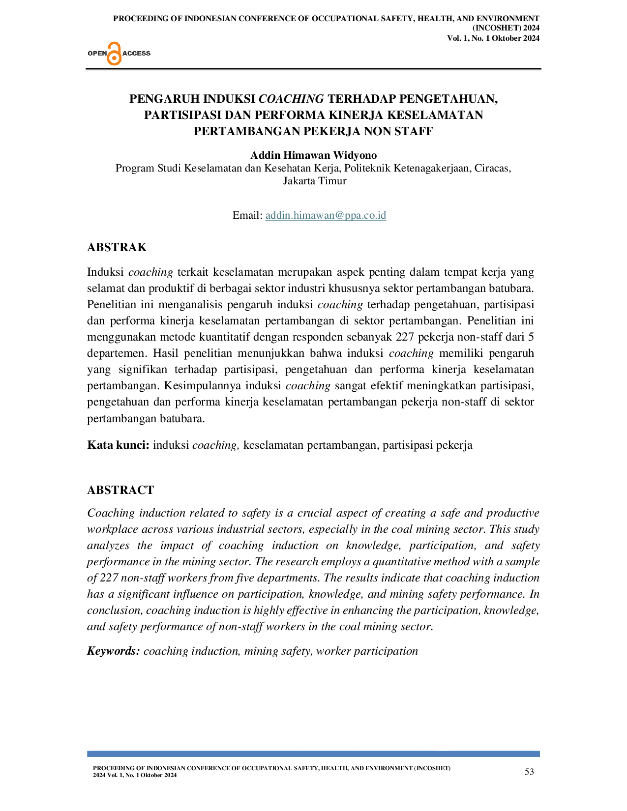 JURIS Pengaruh Induksi Coaching Terhadap Pengetahuan Partisipasi dan Performa Kinerja Keselamatan Pertambangan Pekerja Non Staff