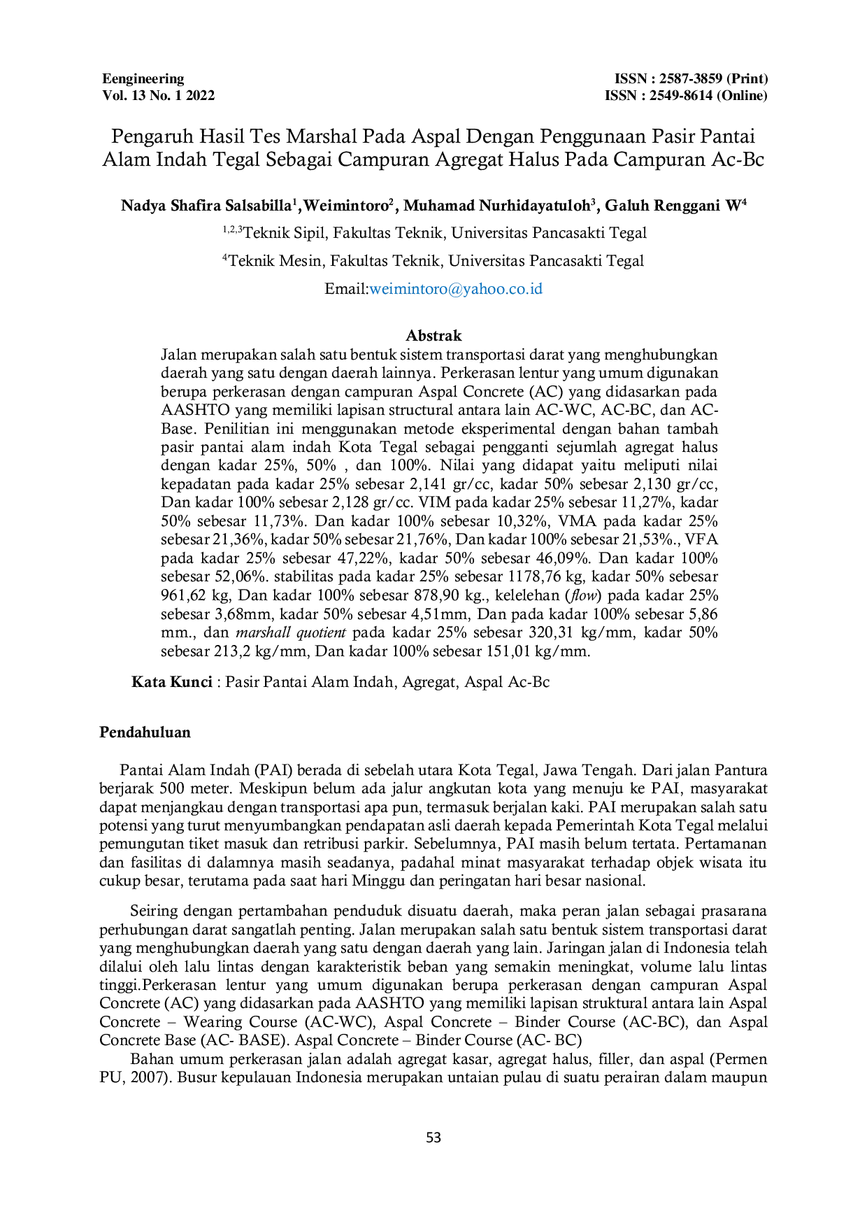 JURIS Pengaruh Hasil Tes Marshal Pada Aspal Dengan Penggunaan Pasir Pantai Alam Indah Tegal Sebagai Campuran Agregat Halus Pada Campuran Ac Bc