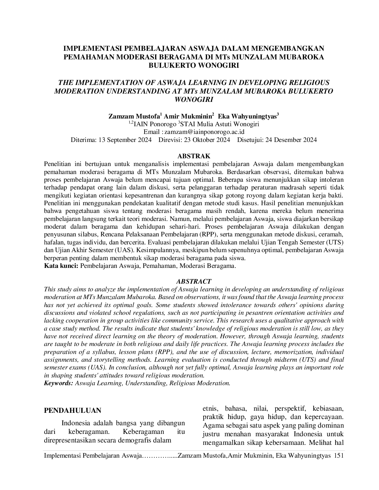 JURIS IMPLEMENTASI PEMBELAJARAN ASWAJA DALAM MENGEMBANGKAN PEMAHAMAN MODERASI BERAGAMA DI MTs MUNZALAM MUBAROKA BULUKERTO WONOGIRI