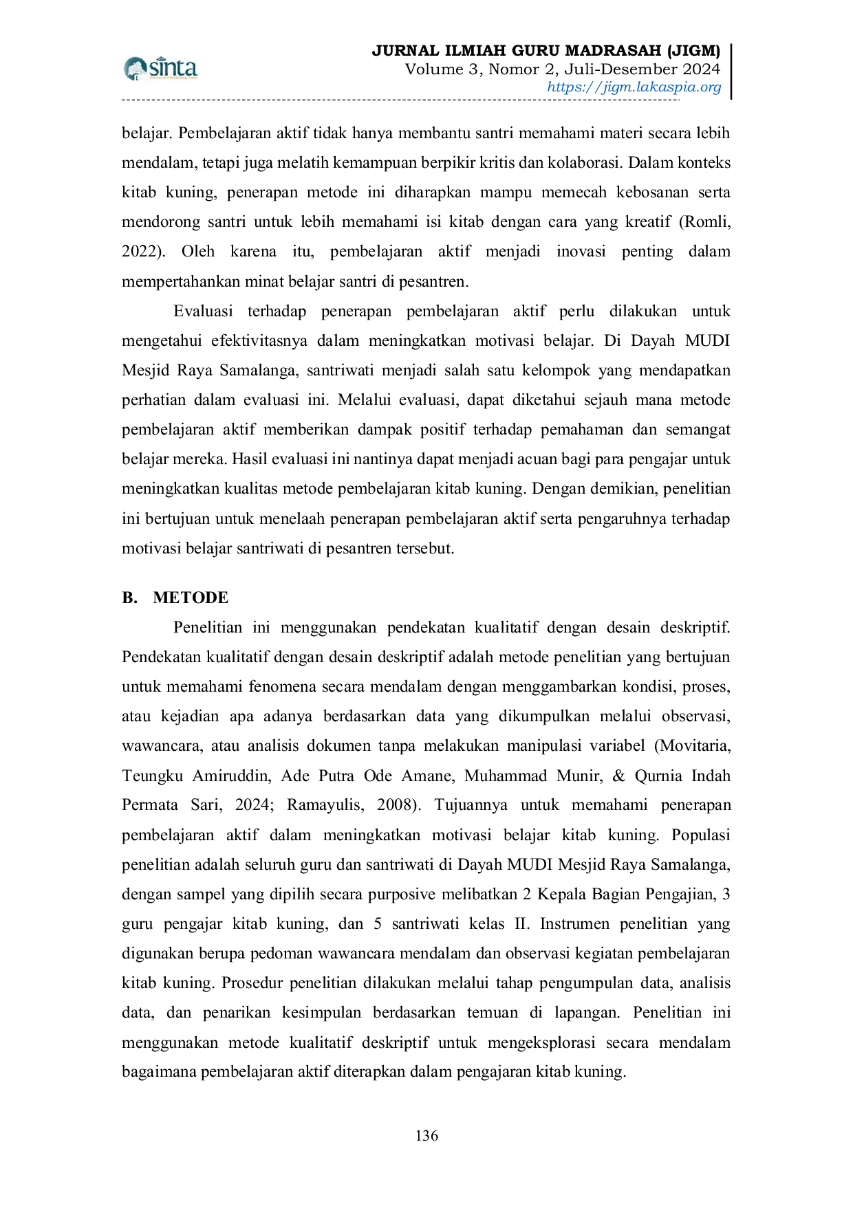 JURIS Evaluasi Pembelajaran Aktif dalam Meningkatkan Motivasi Belajar Kitab Kuning Santriwati di Dayah MUDI Mesjid Raya Samalanga