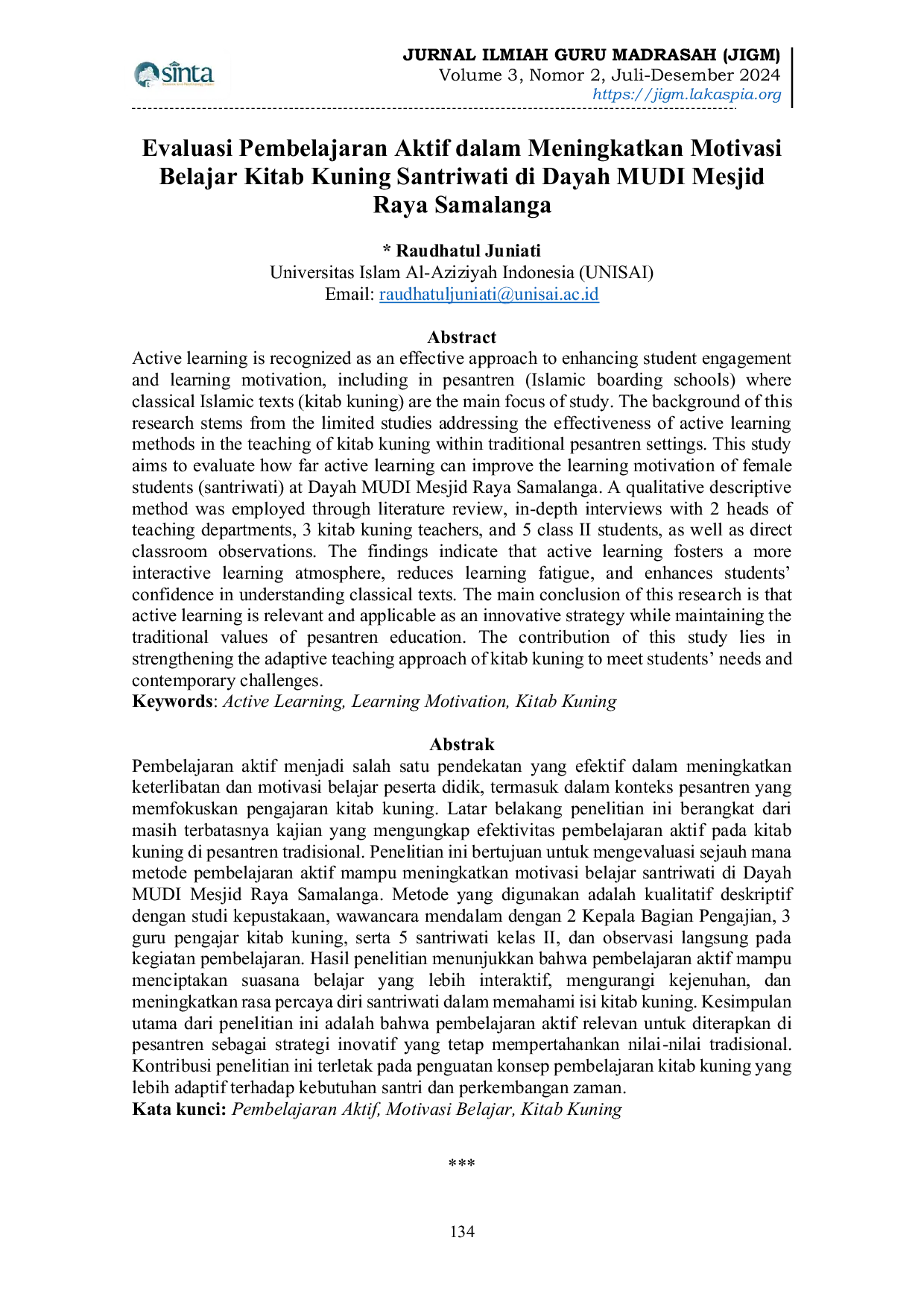 JURIS Evaluasi Pembelajaran Aktif dalam Meningkatkan Motivasi Belajar Kitab Kuning Santriwati di Dayah MUDI Mesjid Raya Samalanga
