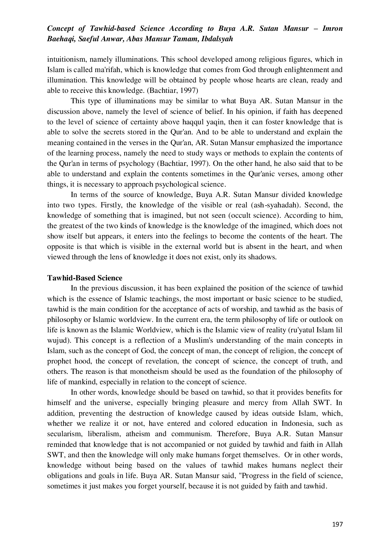 JURIS Concept of Tawhid based Science According to Buya A R Sutan Mansur