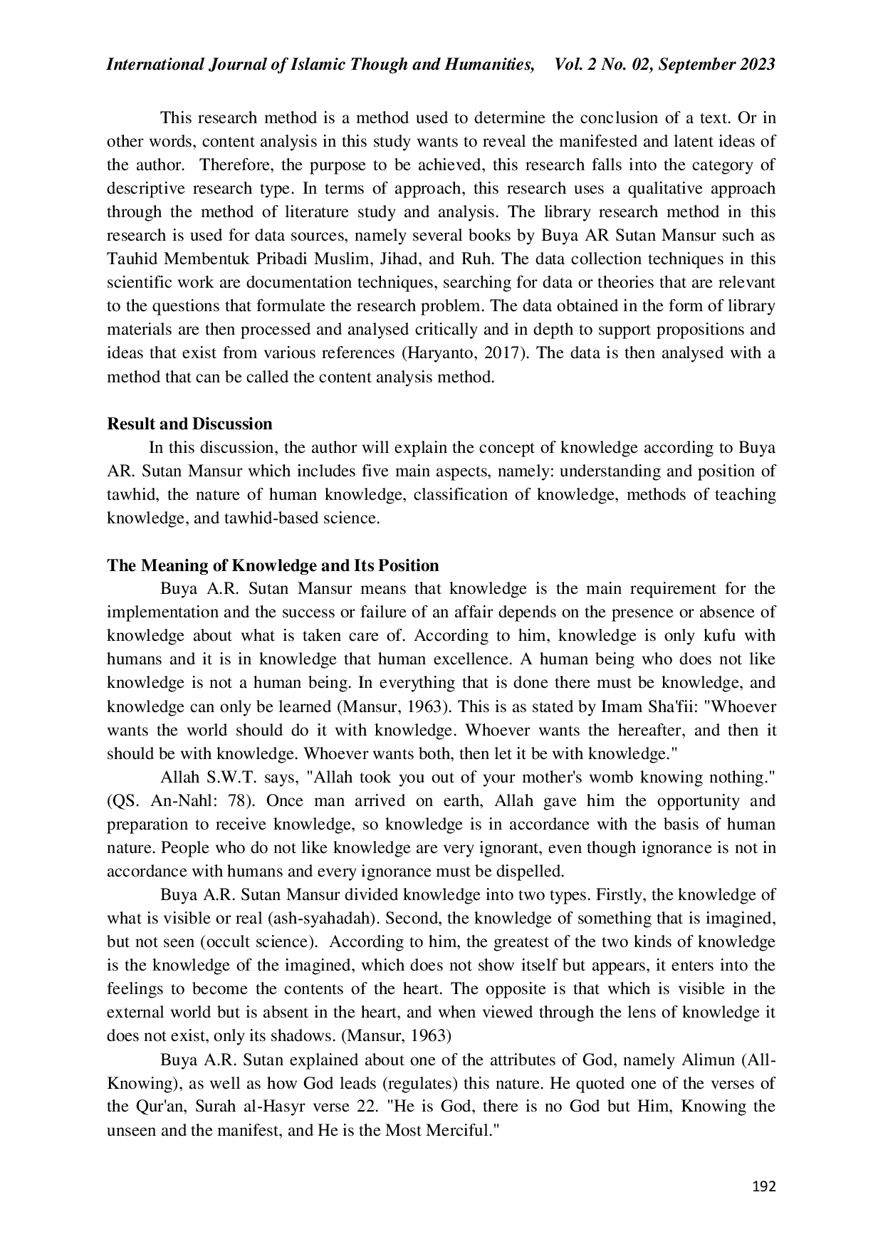 JURIS Concept of Tawhid based Science According to Buya A R Sutan Mansur